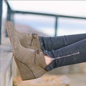Toms Kala Desert Taupe Suede Wedge Lace-Up Bootie